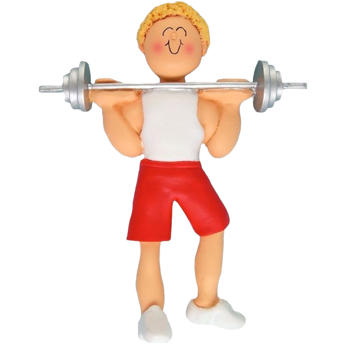 Blonde male figurine lifting barbell in white tank and red shorts from Christmas Ornaments & Tree Decorations collection