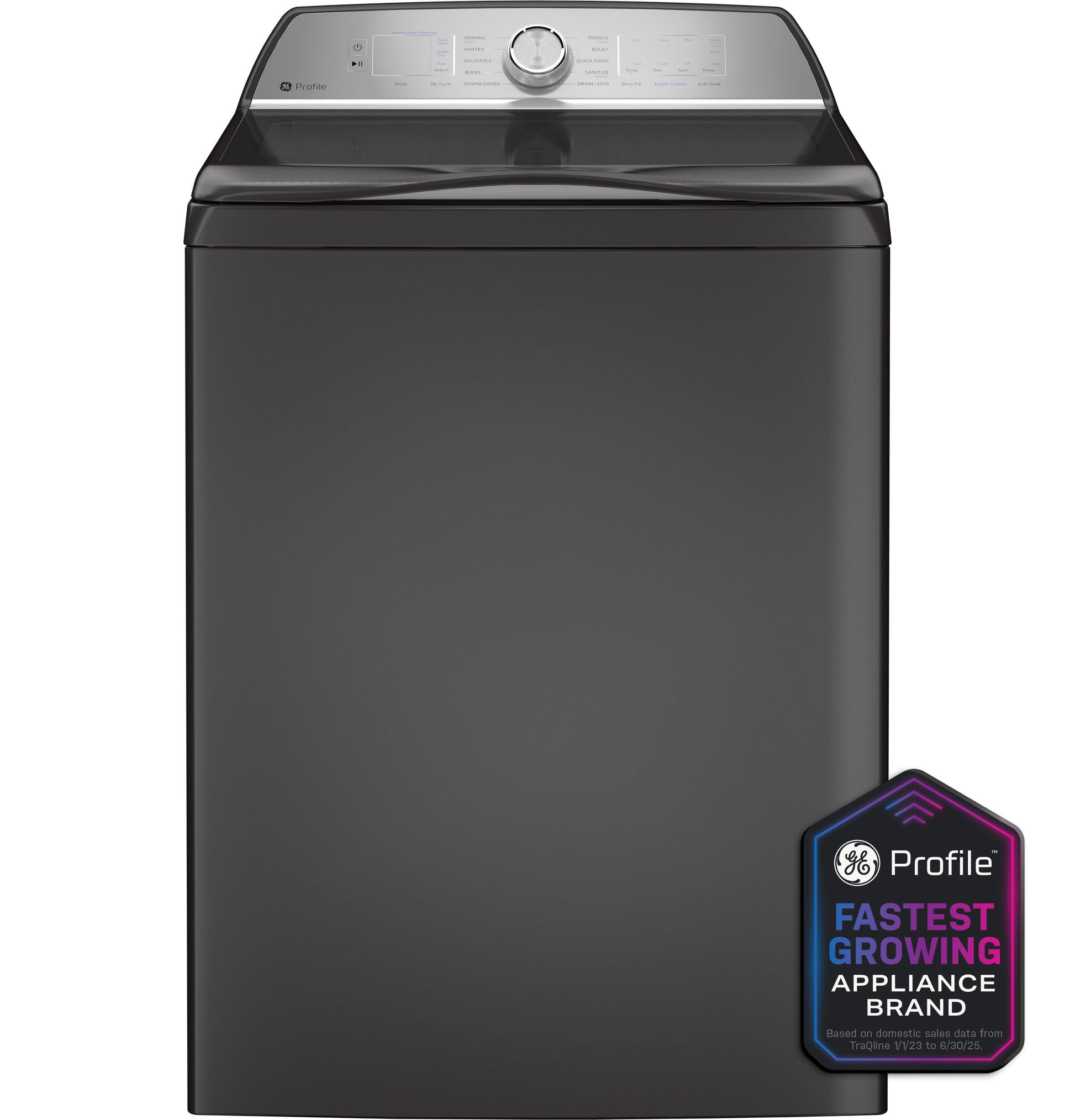 High-efficiency dark gray top-load washer with digital controls, part of washers and appliances collection