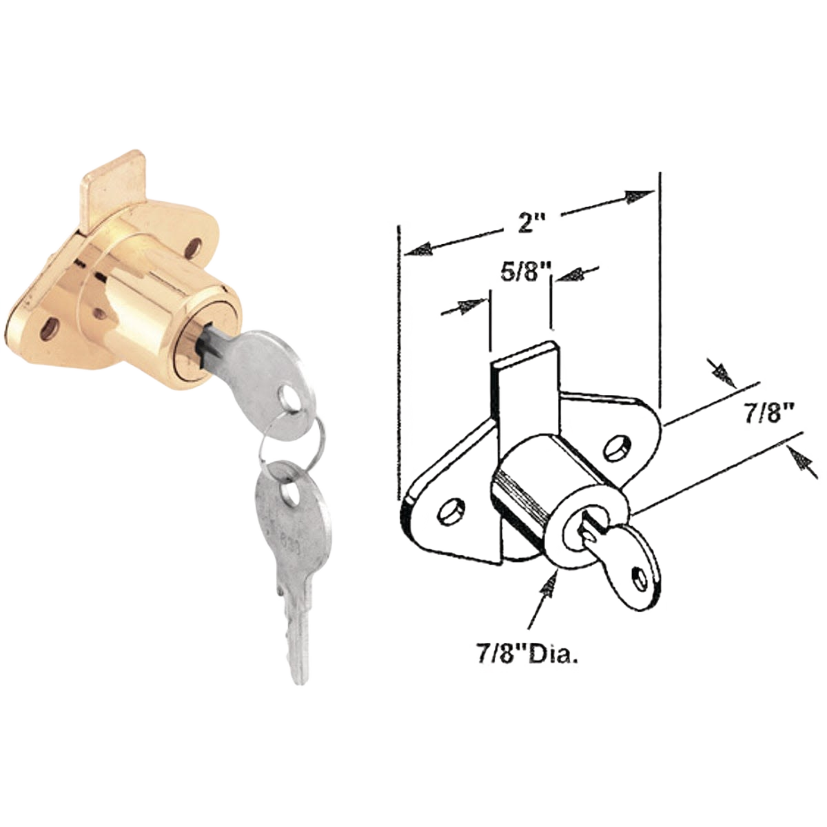 Brass drawer and cabinet lock with two keys and technical diagram for secure installation in home improvement projects