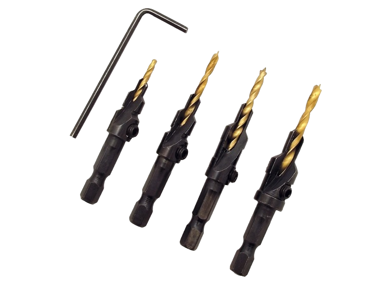 Set of four gold-tipped counterbore drill bits with black shanks and an L-shaped hex key for tool accessories collection