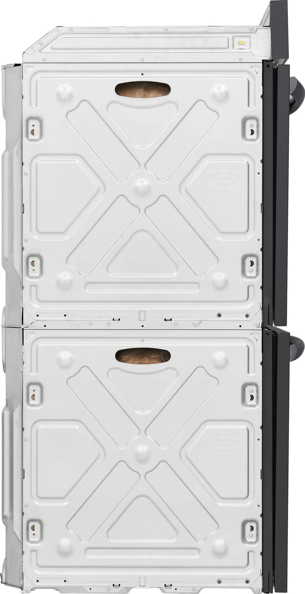Side view of a double electric wall oven showcasing the metal plating and structural design for built-in kitchen installation.