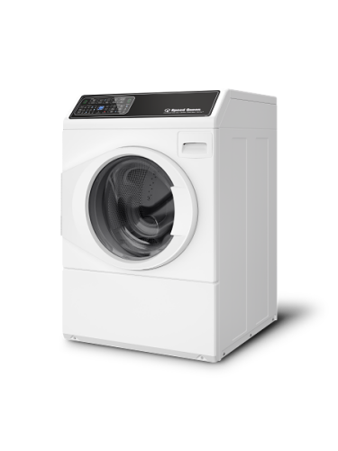 White front load washer with left-hinged door and digital display panel in washers and appliances collection