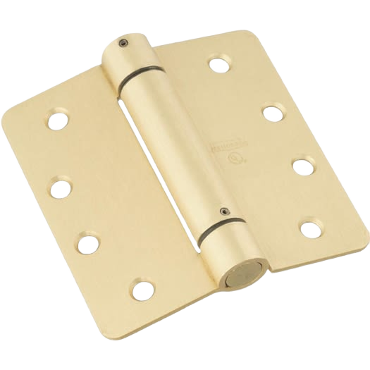 Brass-finished spring door hinge with multiple screw holes for reliable self-closing doors in home improvement hardware