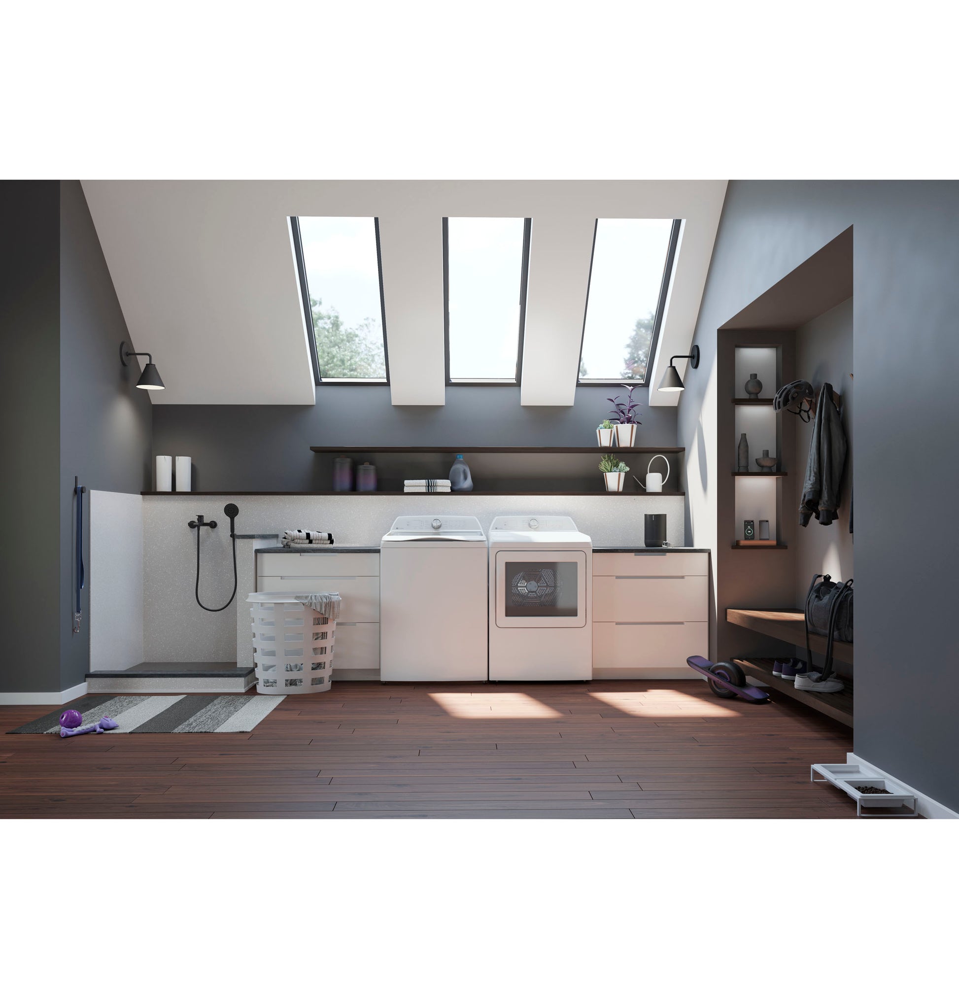 Bright laundry room with white washer and dryer set beneath skylights, featuring modern storage and wood flooring in home appliances setting