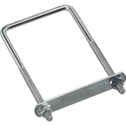 Square zinc-plated U bolt with mounting plate and nuts, durable fastener for lumber and metal in home improvement projects