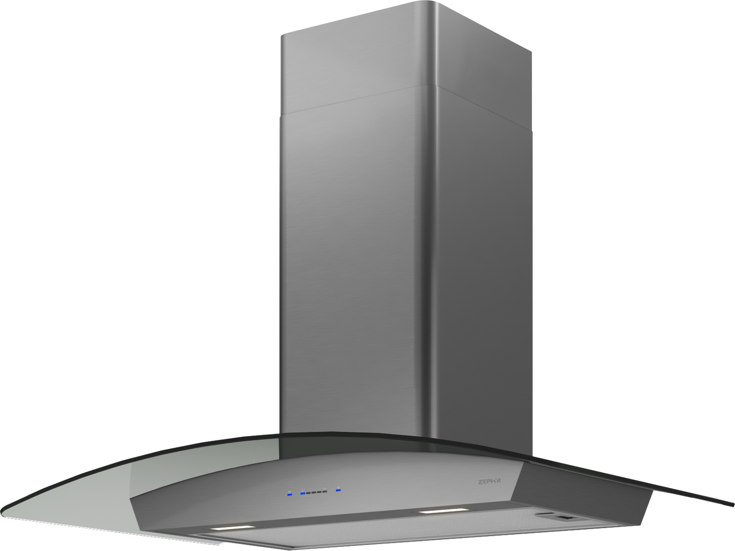 Angled view of black stainless steel chimney hood with curved glass canopy from range hoods and kitchenware collection