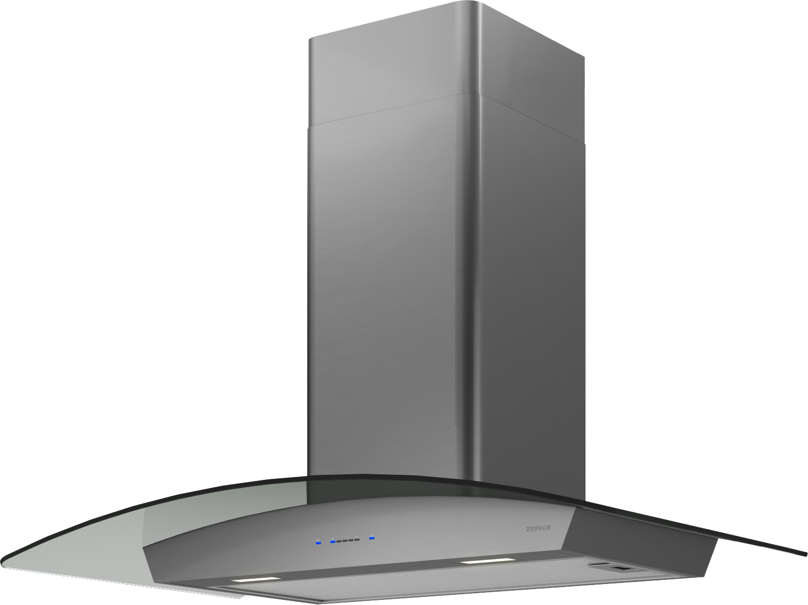 Angled view of black stainless steel chimney hood with curved glass canopy from range hoods and kitchenware collection