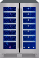 Zephyr dual zone wine cooler with French doors and adjustable shelves in modern kitchen appliance setting