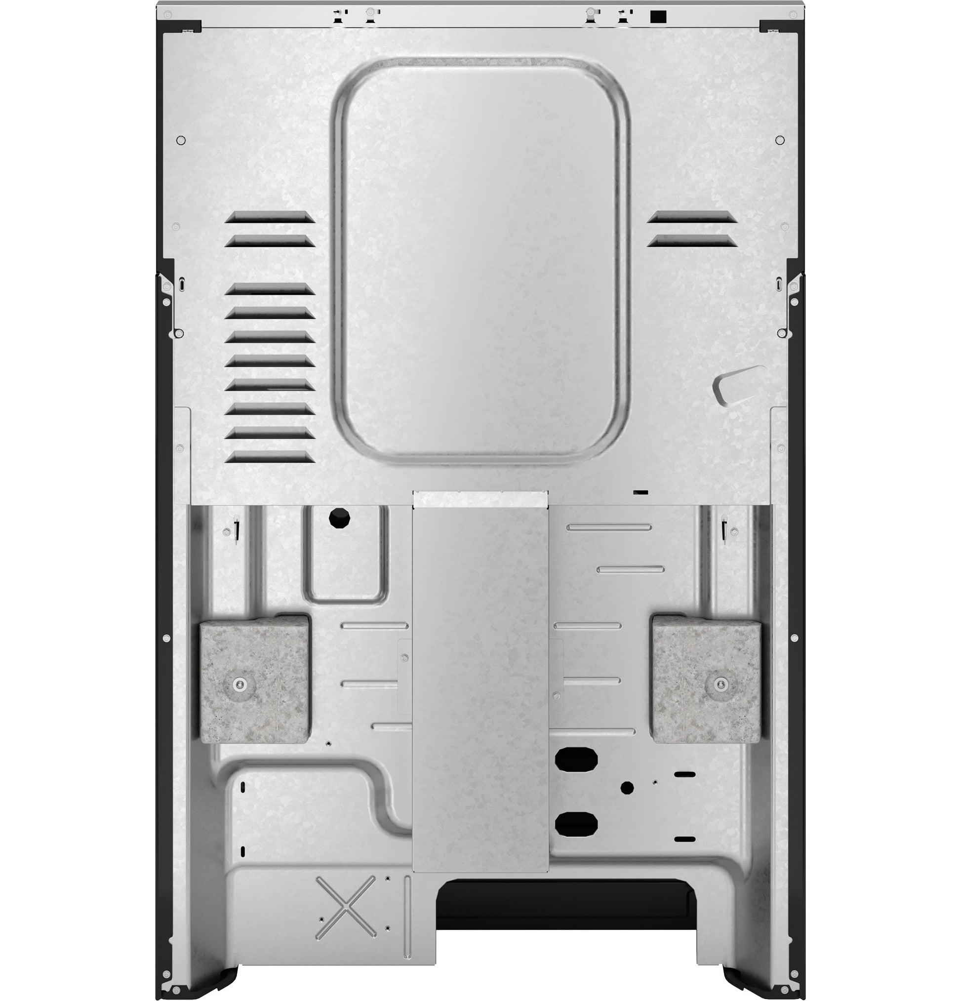 Back panel view of a GE ENERGY STAR 30" free-standing electric range showing venting and structural components.