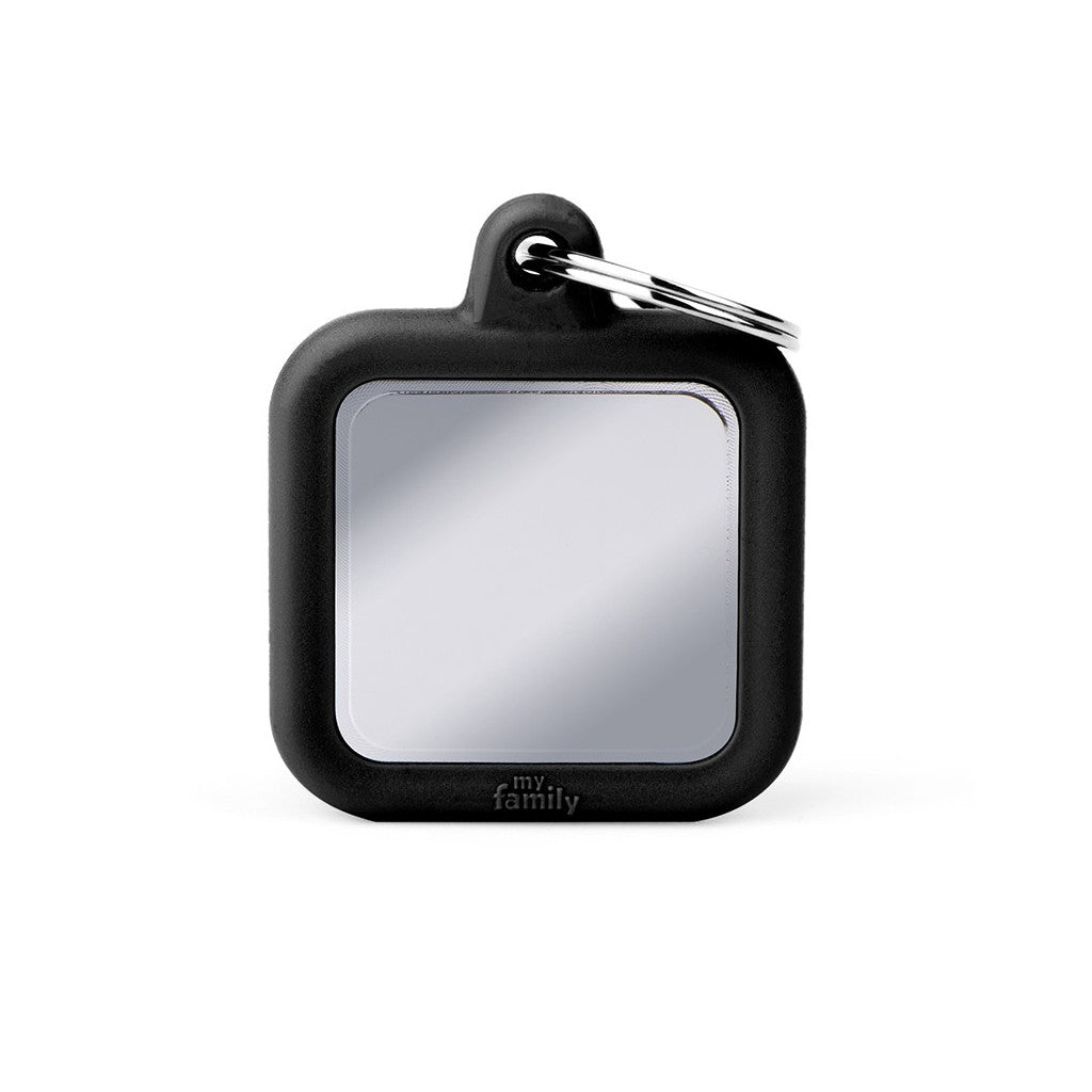 MyFamily Hushtag Chrome-Plated Brass Square with Black Rubber Pet Tag