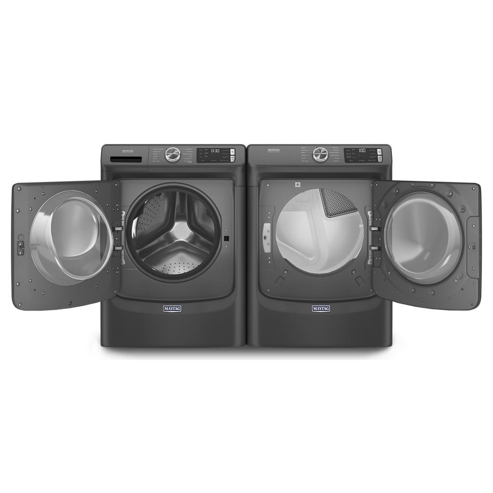 Matte black front load washer and dryer set with open doors, digital controls, and large capacity for washers and appliances collection