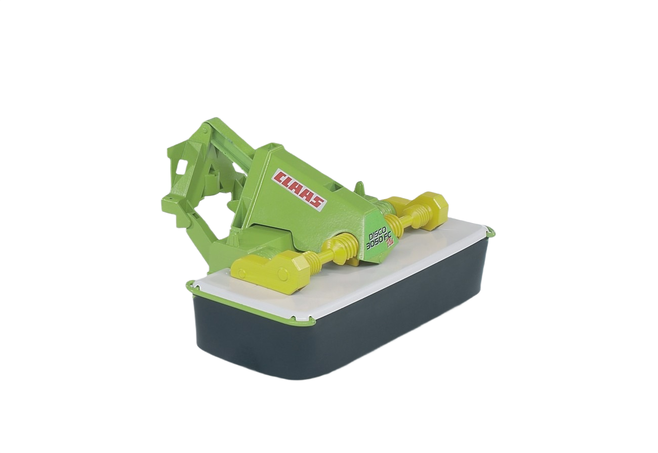 Green and yellow front mower attachment with PTO shaft and detailed mechanical linkages for agricultural use