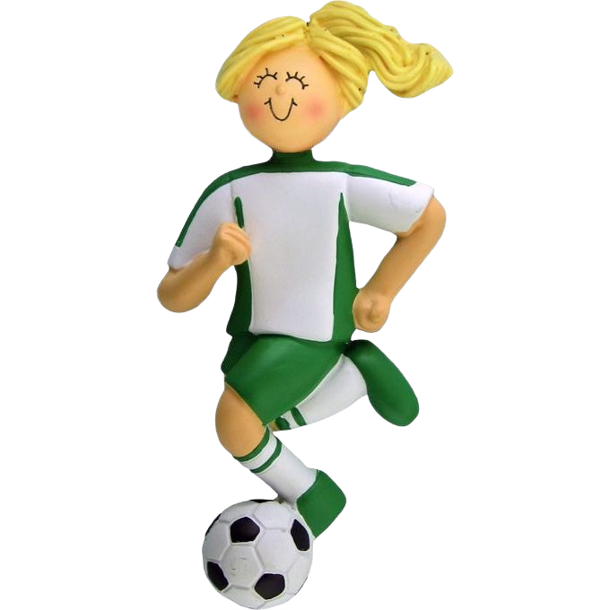 Cheerful blonde female soccer player figurine in green and white uniform with smiling face for Christmas Ornaments & Tree Decorations collection
