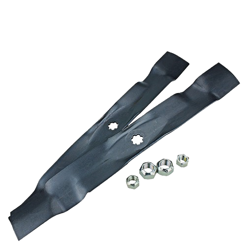 Two black steel mower blades with star-shaped mounting holes and four hex nuts for installation and maintenance tools use