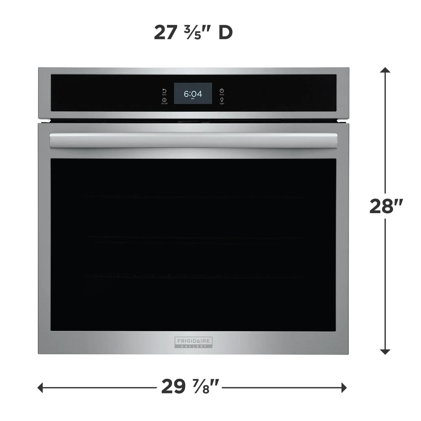 Front view of stainless steel electric wall oven with digital clock and control panel in kitchen appliance setting