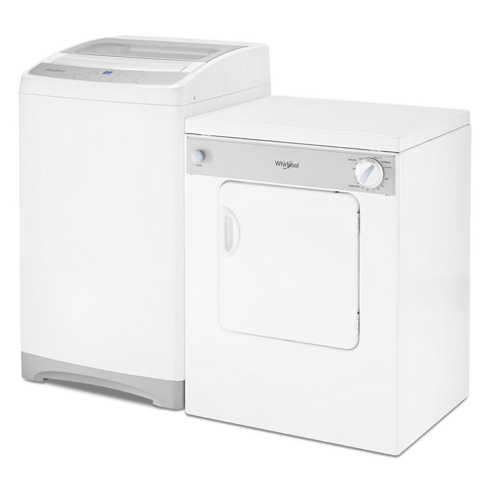 White compact front load dryer beside top load washer for home improvement and small laundry spaces in appliances collection