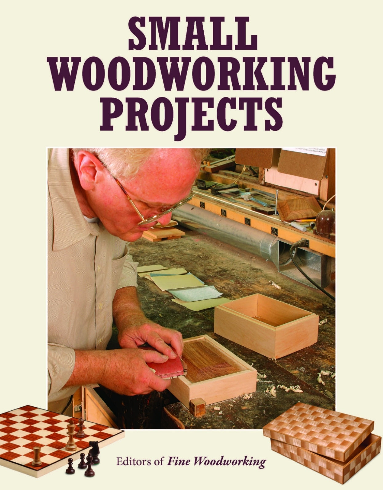 Elderly man sanding edges of a small wooden box on a workshop table for woodworking projects
