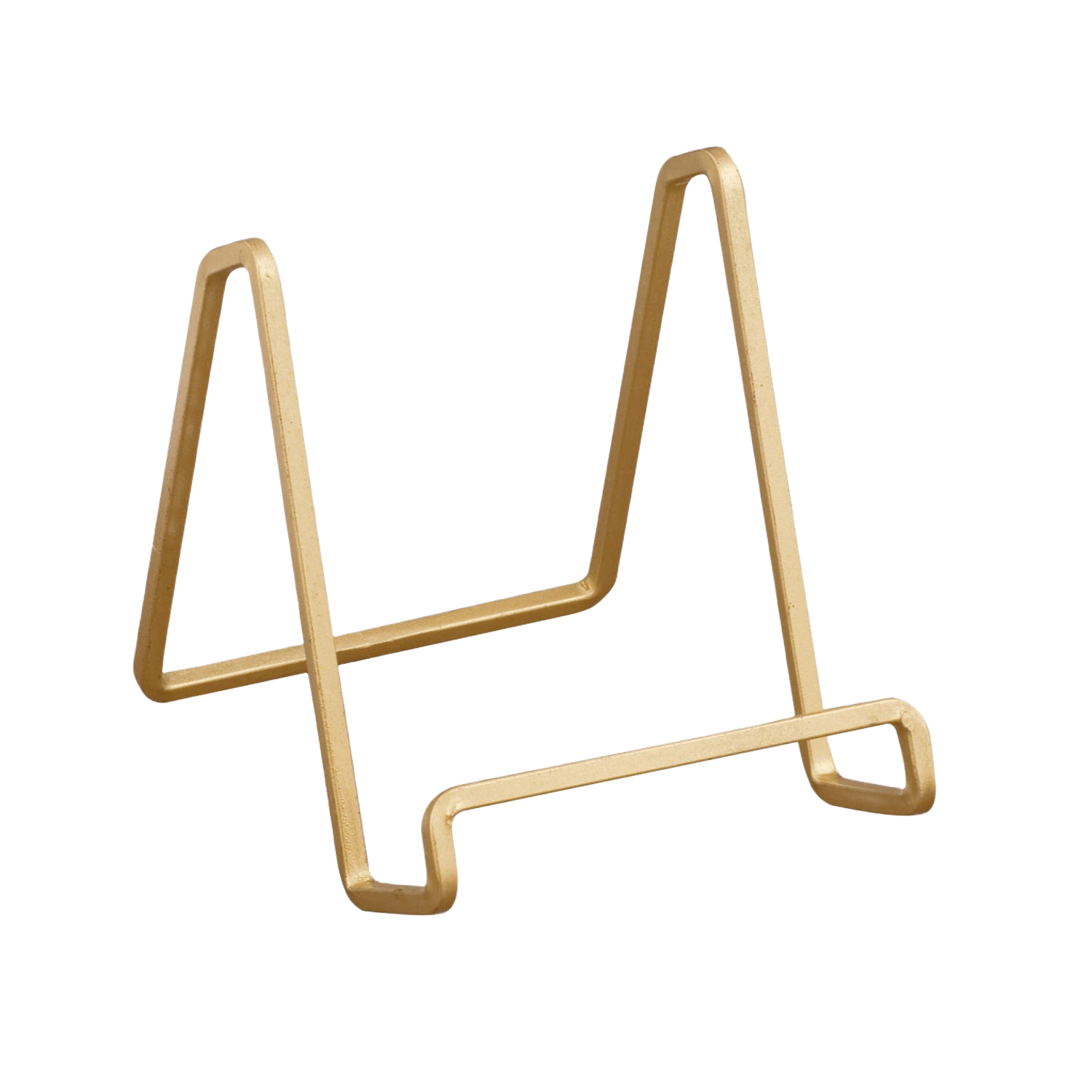 Gold-colored square wire stand designed for displaying items in home improvement or retail settings