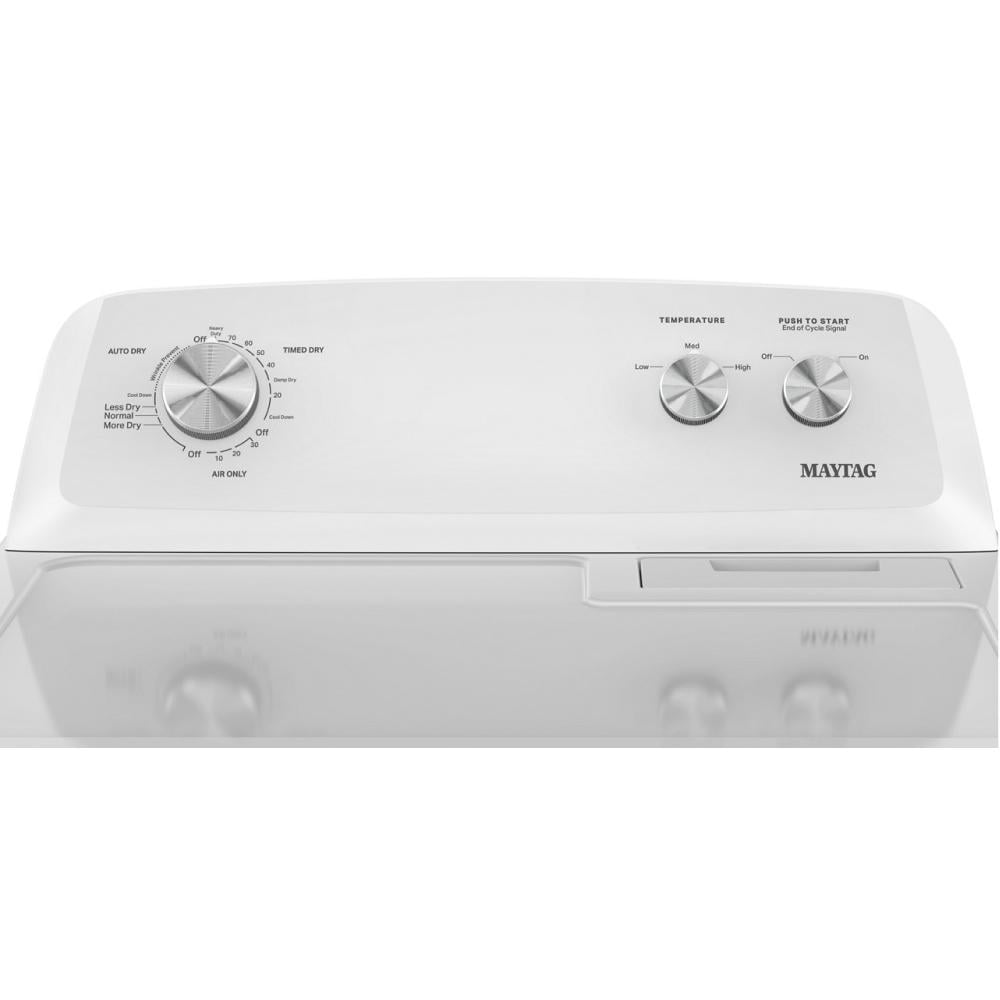 White top load electric dryer control panel with temperature and cycle selection knobs in dryers collection