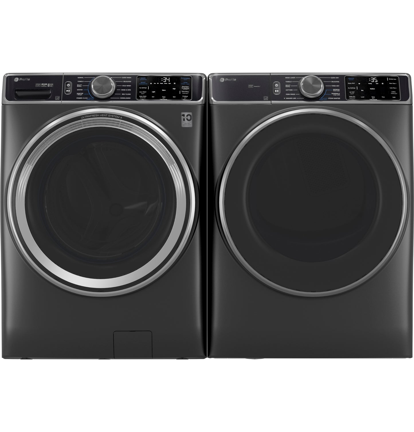 Set of sleek dark gray front load washer and dryer with digital controls from washers and dryers appliance collection