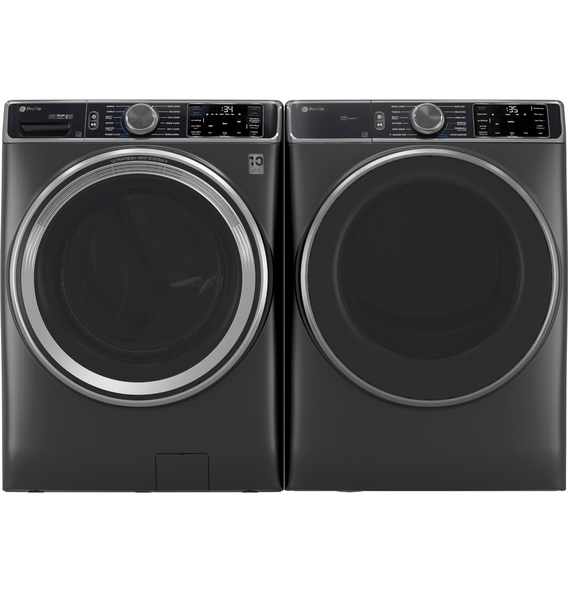 Set of sleek dark gray front load washer and dryer with digital controls from washers and dryers appliance collection
