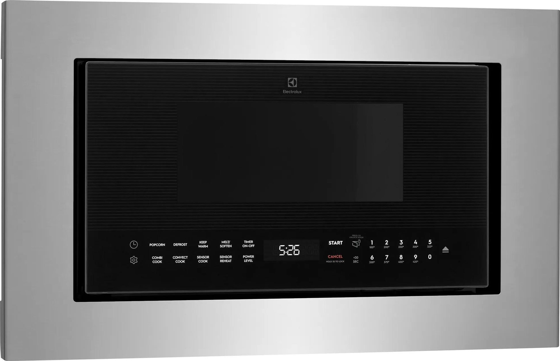 Built-in side swing microwave oven with stainless steel finish, glass touch controls, and digital display panel
