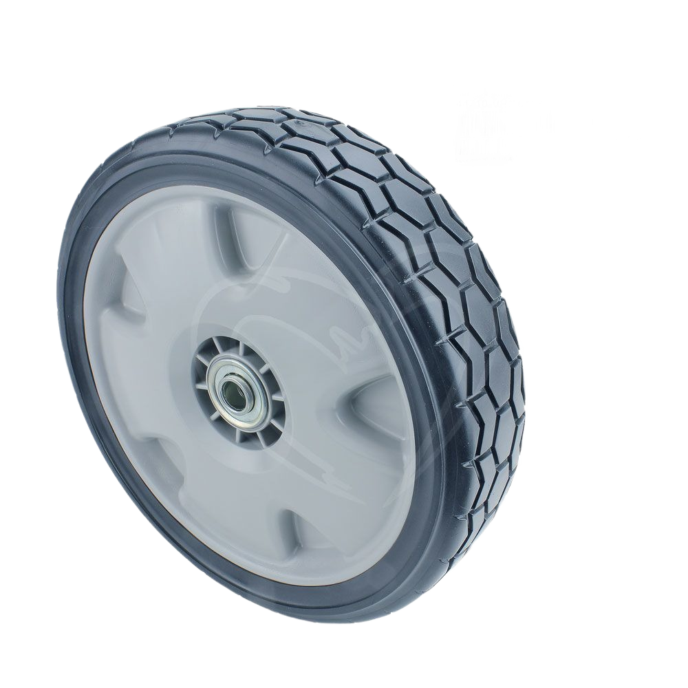 Black rubber tread wheel with gray plastic center and metal bearing for Honda parts and home improvement tools collections under $50