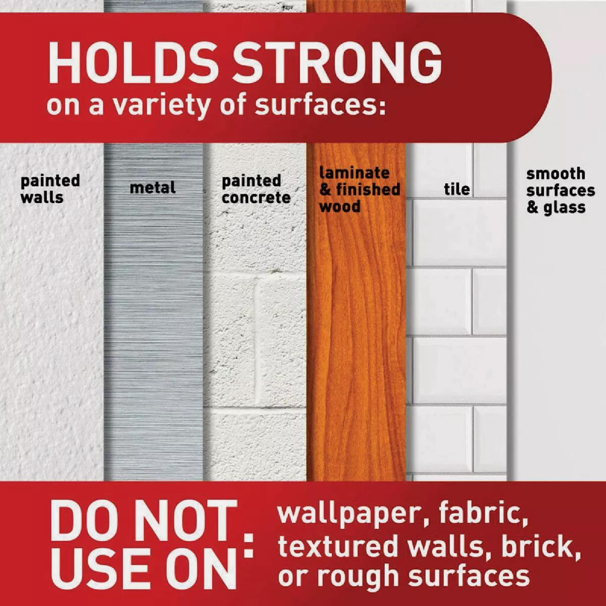 Diagram showing surfaces suitable for strong hold with adhesive strips including painted walls, metal, painted concrete, wood, tile, glass, and surfaces to avoid like wallpaper and fabric