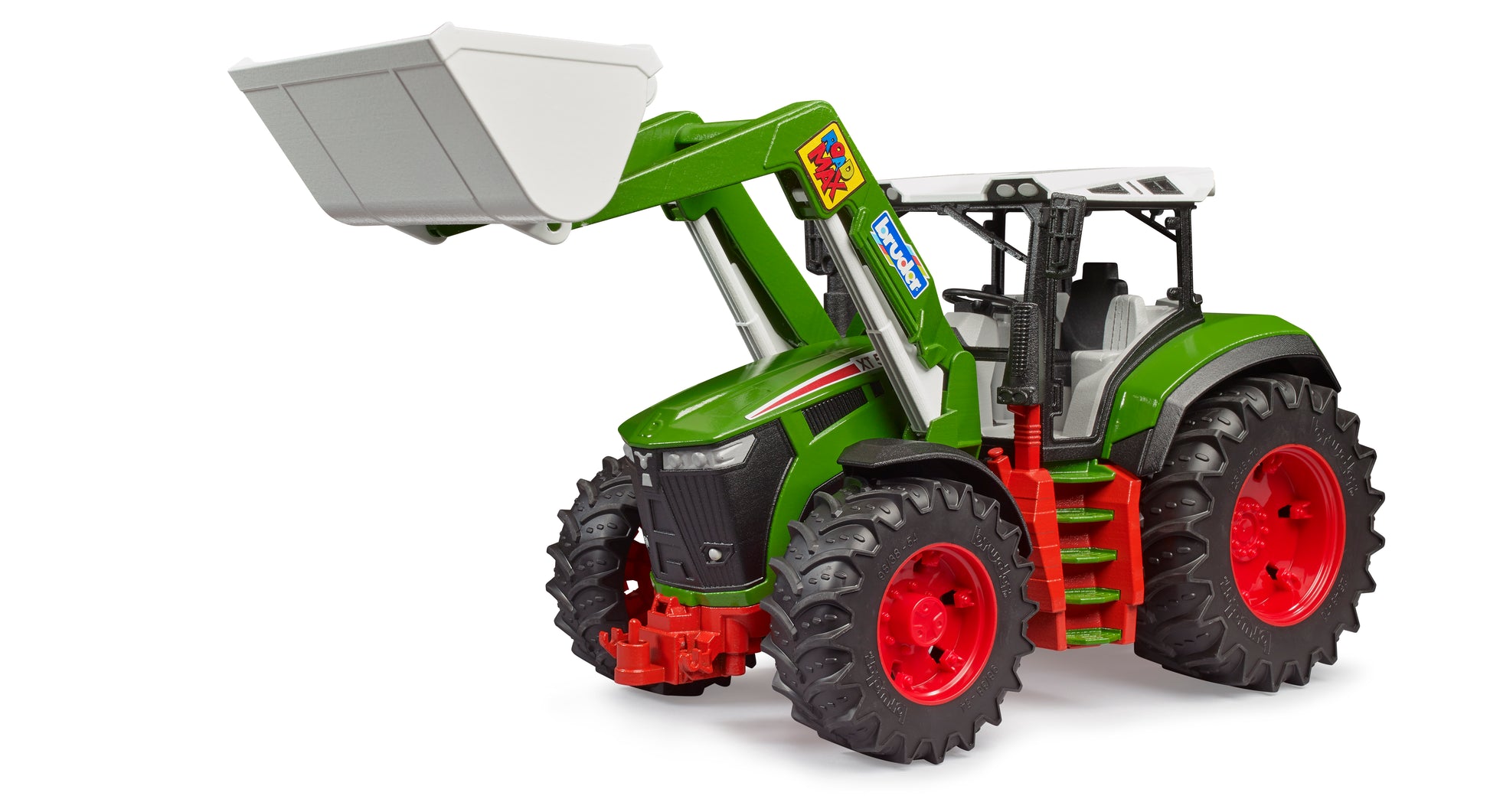 Green and red ROADMAX tractor toy with frontloader bucket and detailed wheels for imaginative play and home improvement themes