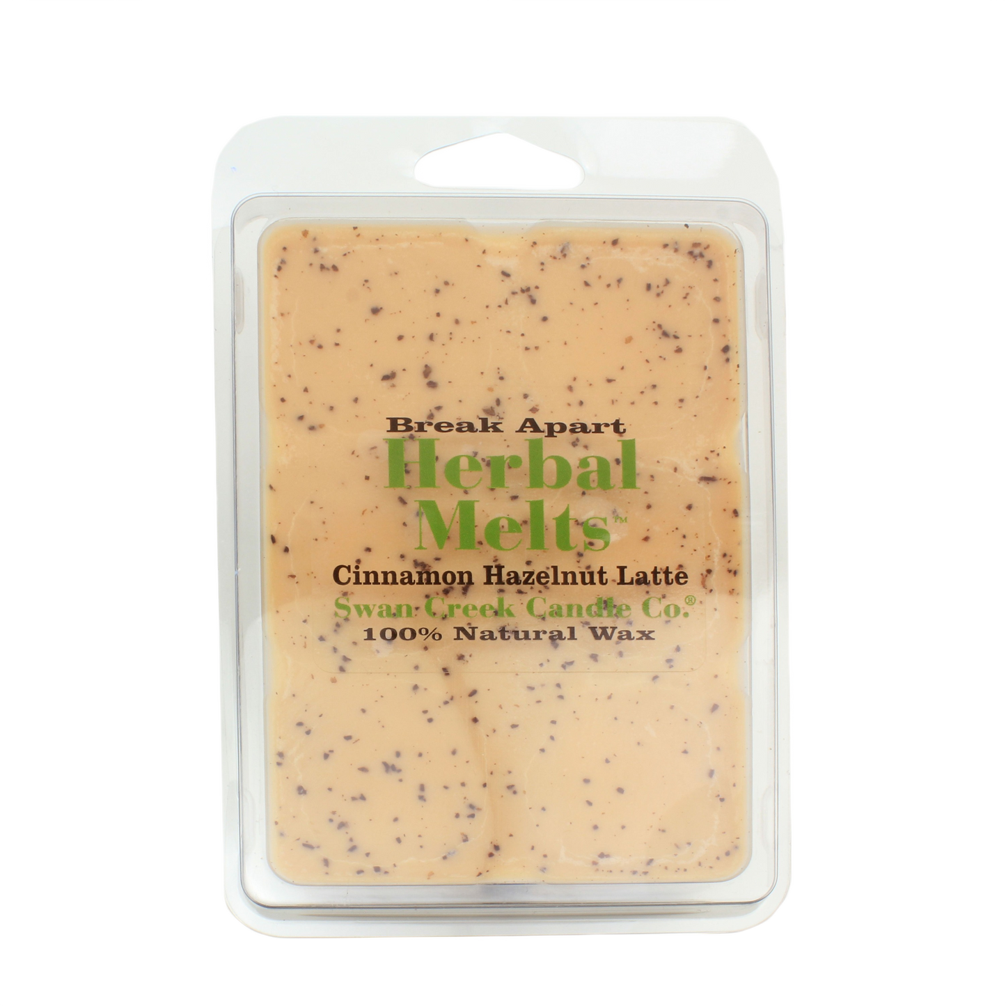 Clamshell package of cinnamon hazelnut latte scented herbal wax melts with natural flecks for home fragrance use