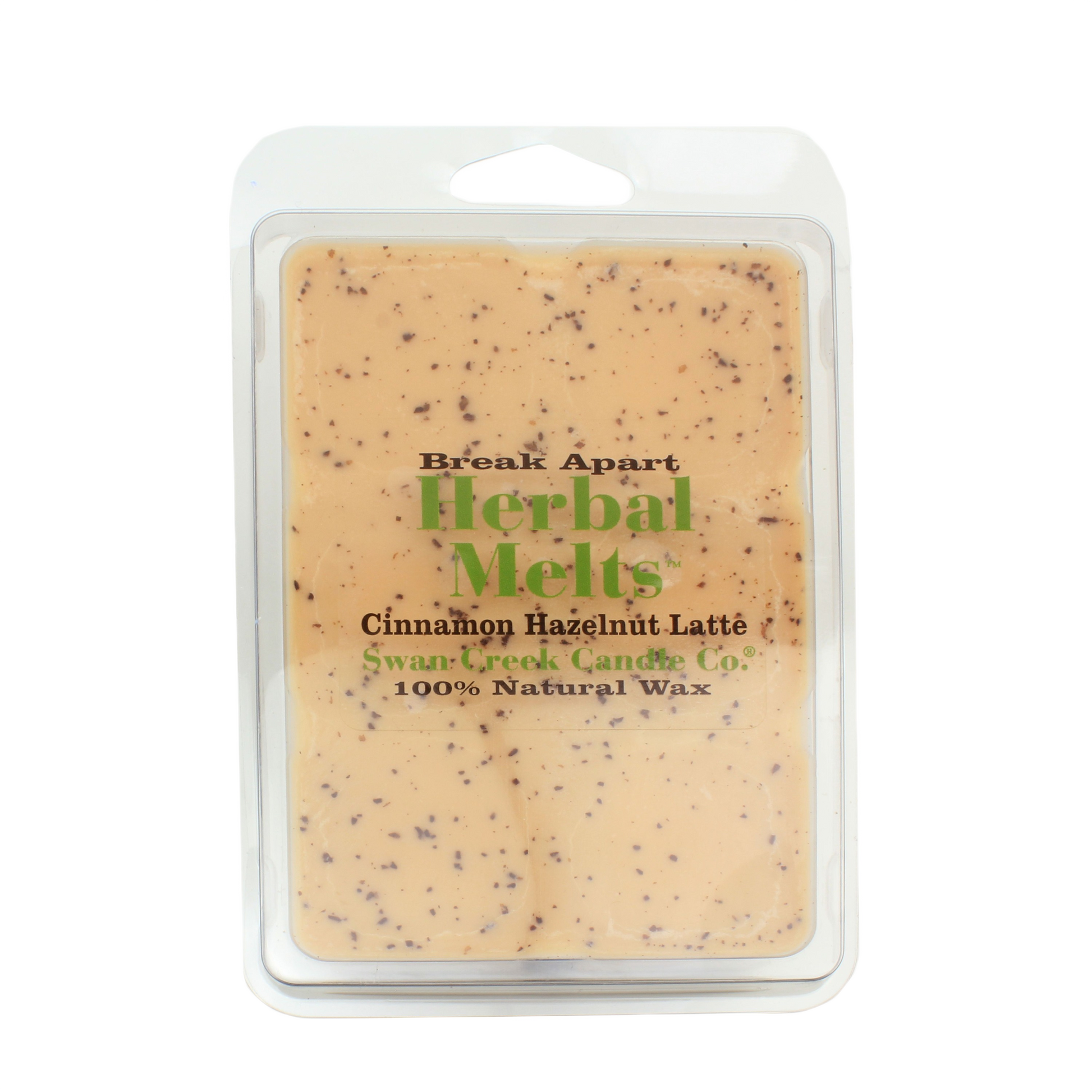 Clamshell package of cinnamon hazelnut latte scented herbal wax melts with natural flecks for home fragrance use