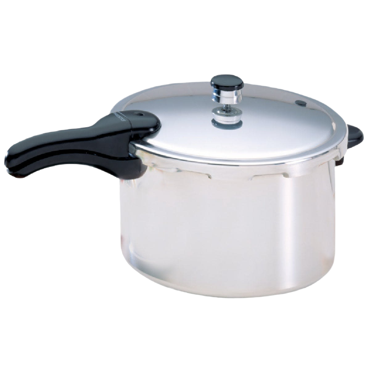 Shiny aluminum pressure cooker with black handle and knob in small kitchen appliances and kitchenware collections