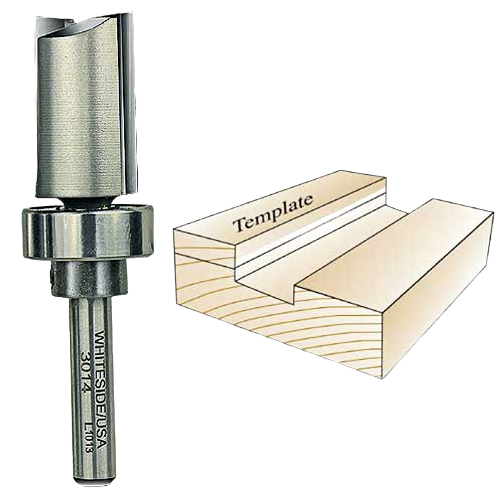 Whiteside template bit next to wood block showing straight groove cut for precise home improvement tool accessory