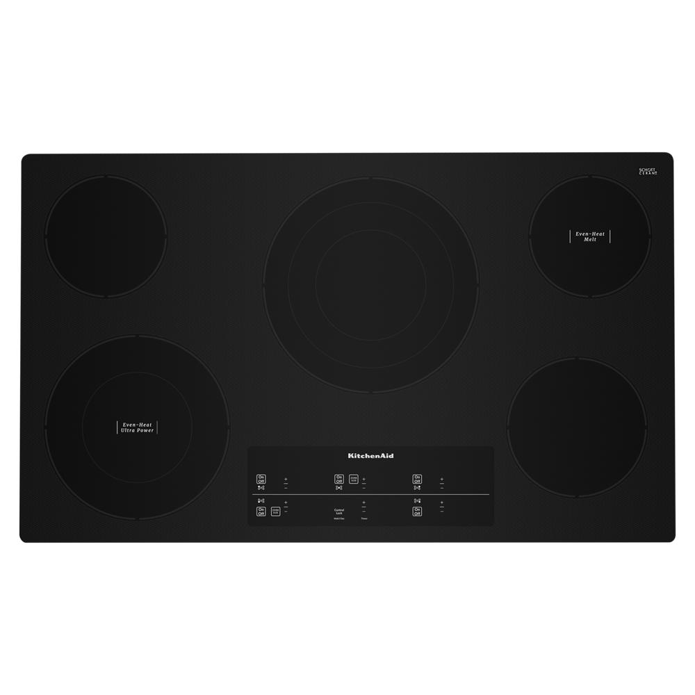 Black electric cooktop with five heated elements and touch controls, part of KitchenAid cooktops and kitchenware collections