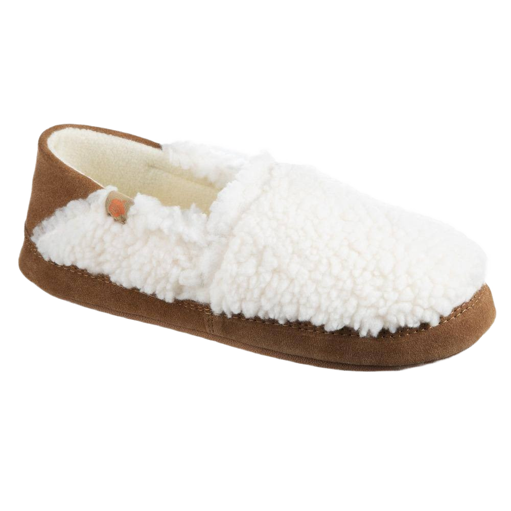 Soft cream and medium buff moccasin slipper with collapsible heel and cozy sherpa lining for comfortable indoor wear