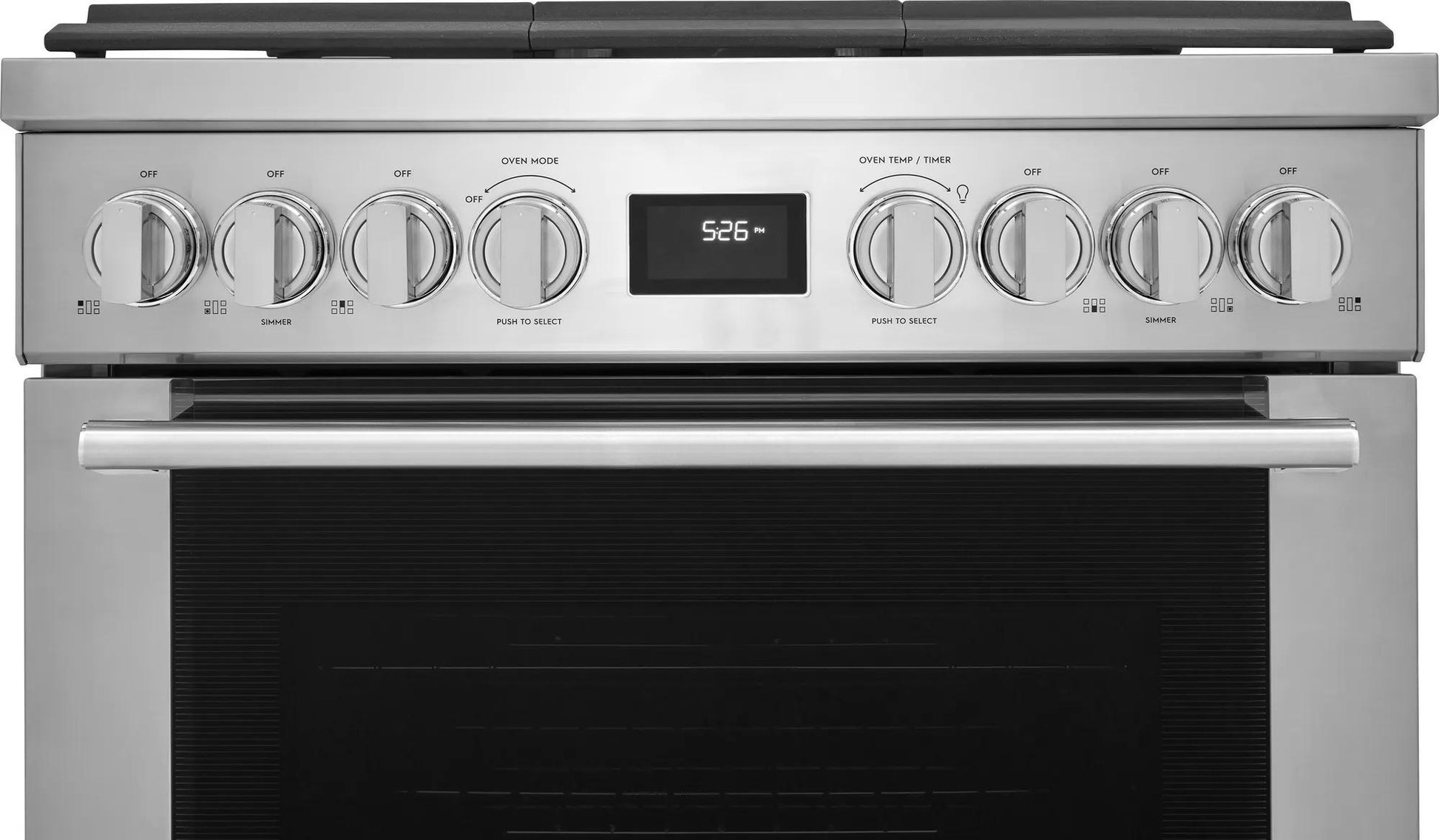 Close-up of front control panel on stainless steel freestanding gas range with digital display from Ranges collection