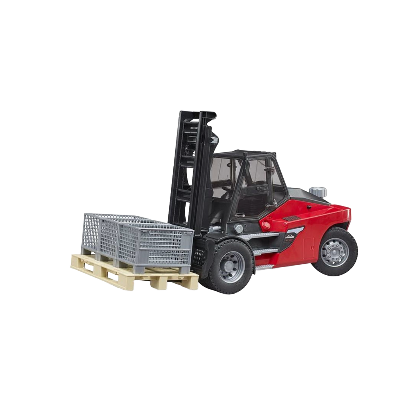 Red and black Linde HT160D stacker toy lifting a wooden pallet with three gray pallet cages in Vehicles & Remote Toys collection