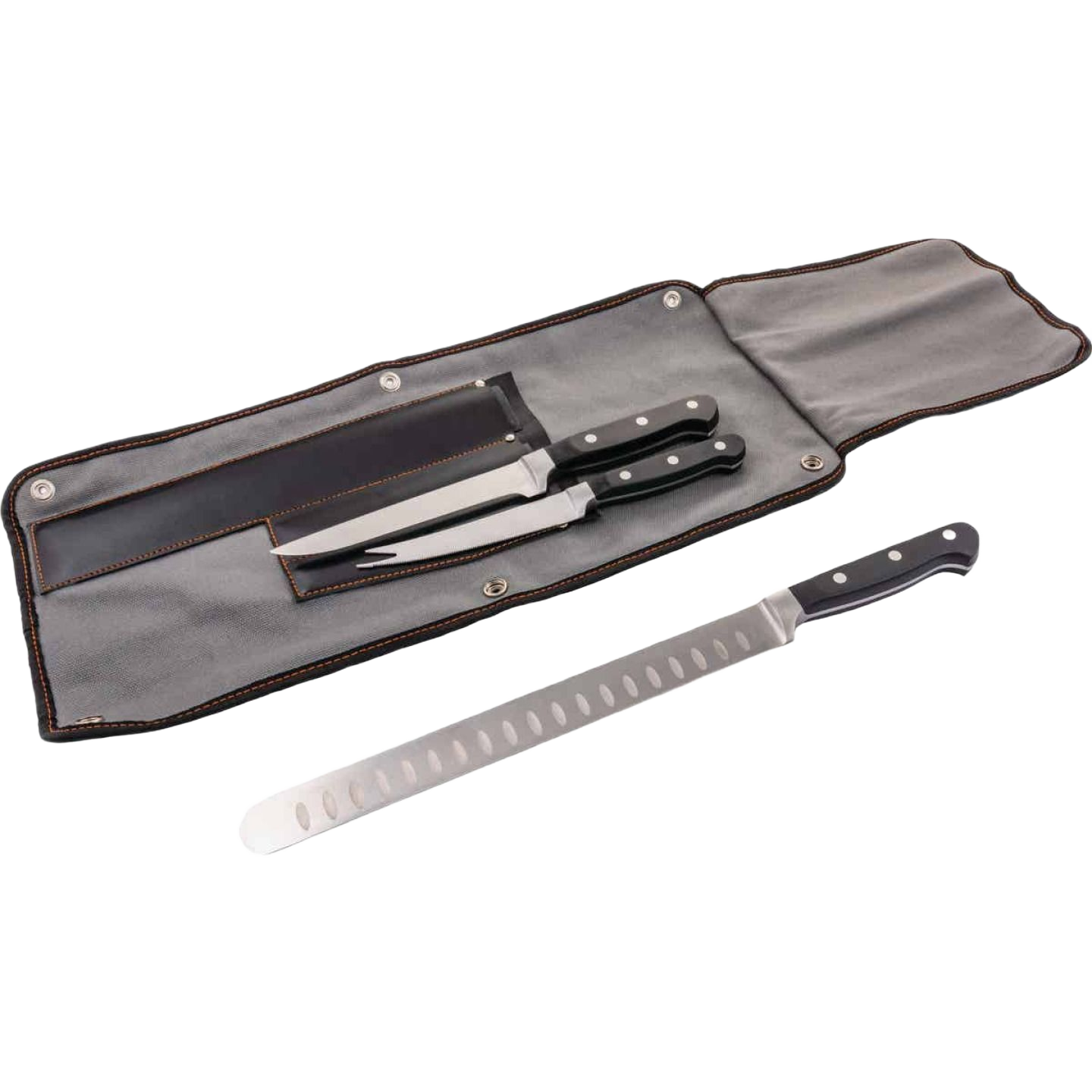 Three-piece stainless steel BBQ knife set with black handles and gray carrying case for grilling and outdoor living tasks under $100
