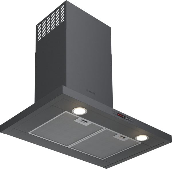 Black stainless steel wall-mounted range hood with pyramid chimney and dimmable halogen lights from Bosch appliances collection