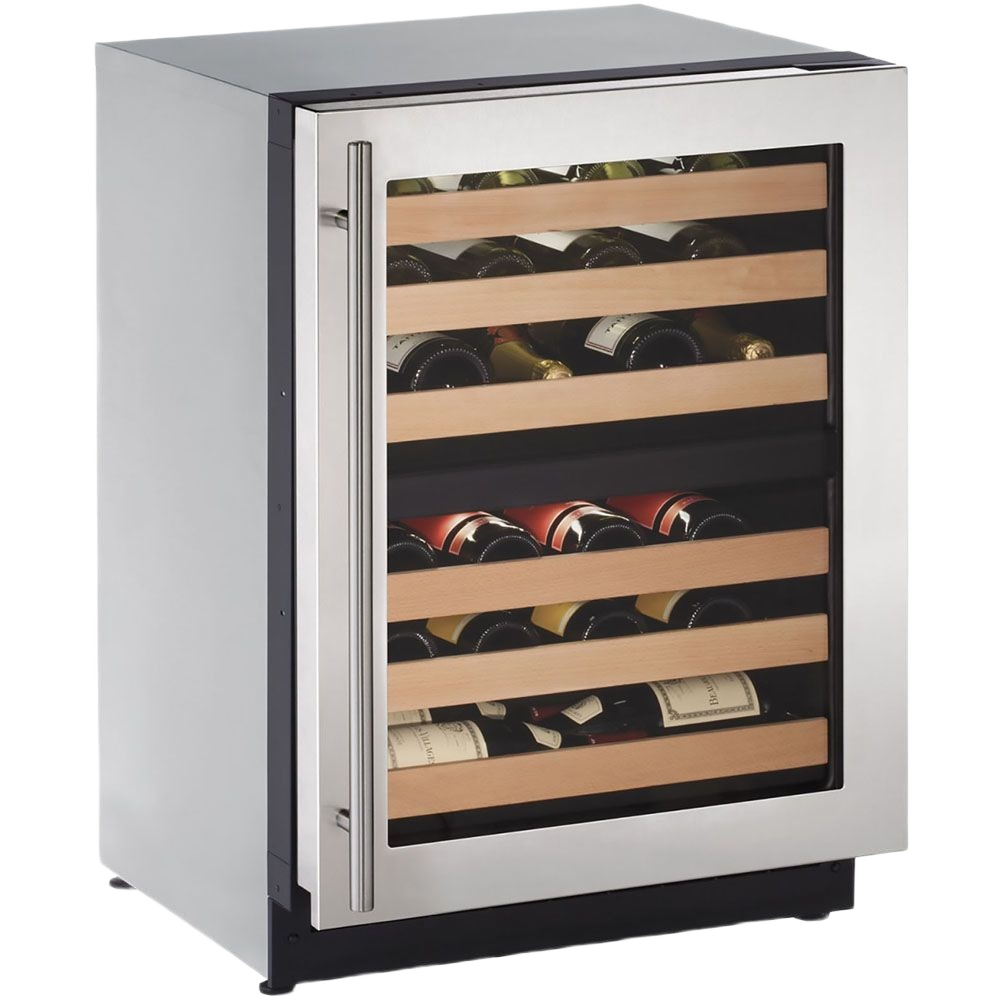 Compact wine refrigerator with reversible hinge, glass door, and wooden shelving in kitchen and appliances collection