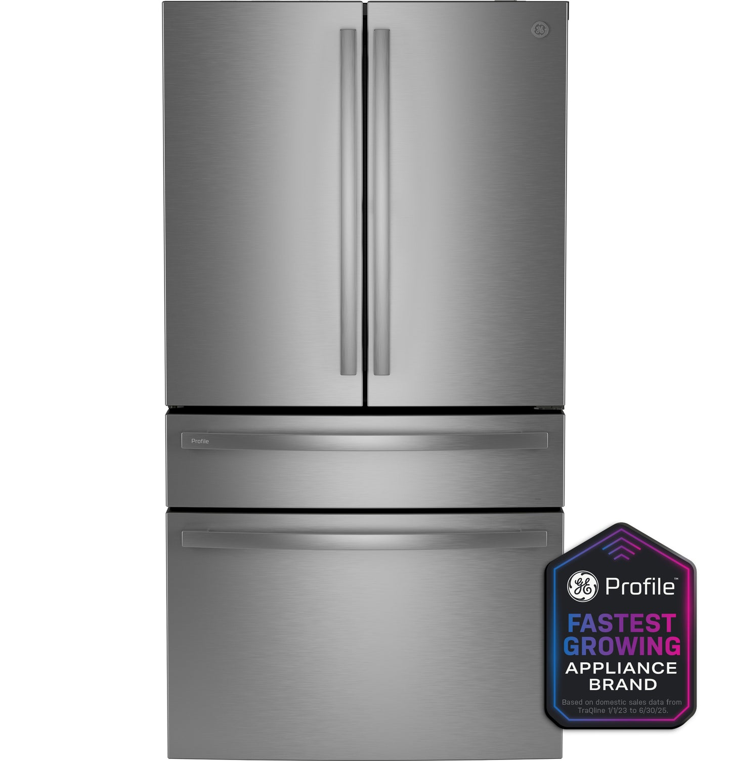 Fingerprint resistant stainless steel 4-door French-door refrigerator with bottom freezer in kitchen appliances collection