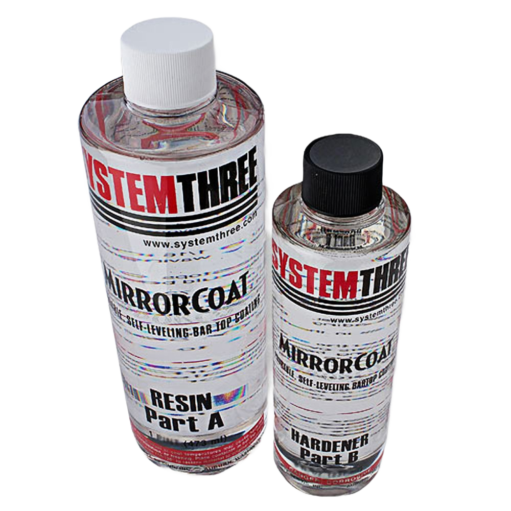 Two clear bottles labeled Mirror Coat resin and hardener parts for wood finishing and sealing projects.