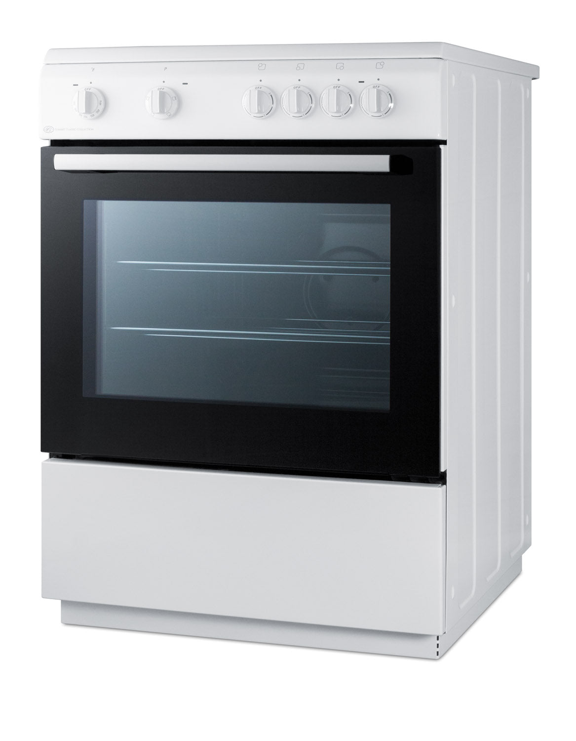 White electric range featuring smooth control knobs and a large oven window with interior racks for kitchen appliances collection