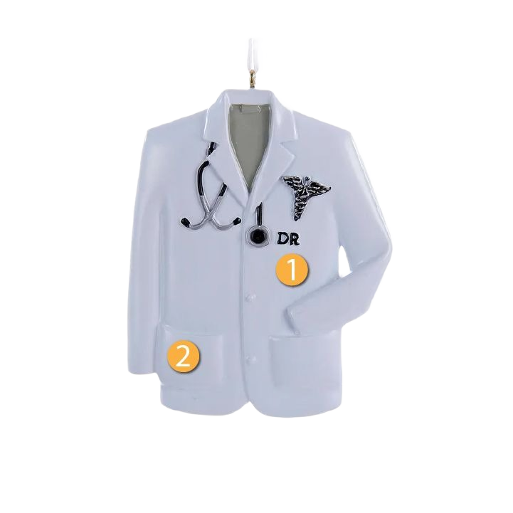 White personalized doctor coat Christmas ornament with stethoscope detail for holiday decorations under $50 collections