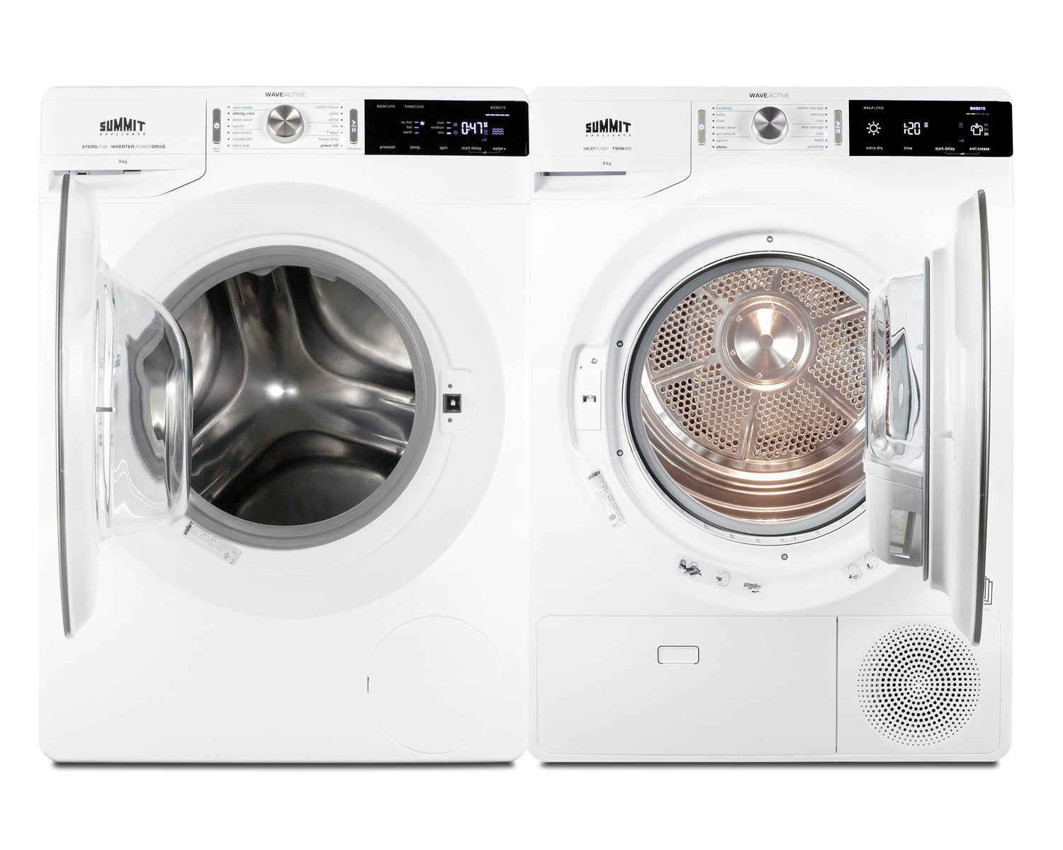 Front load washer and heat pump dryer combo in white with open doors, part of Washer/Dryer Combos and appliance laundry centers at Hartville Hardware.