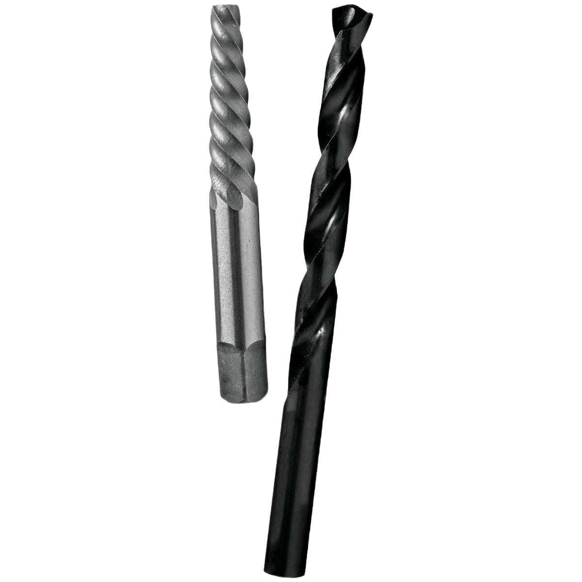 Set of two metal drill bits including a spiral screw extractor and twisted drill bit for tools and home improvement tasks