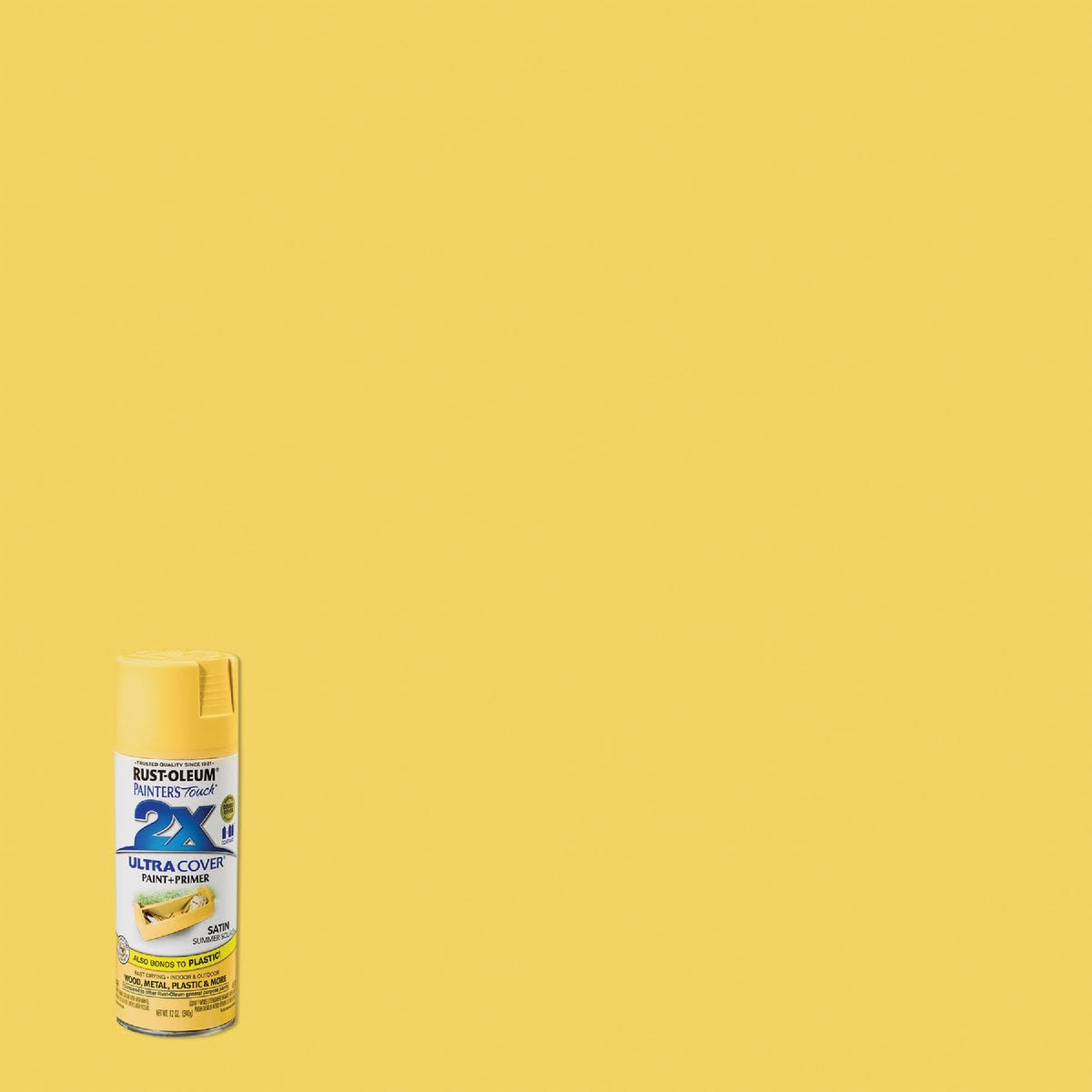Yellow Rust-Oleum 2X satin spray paint and primer can for home improvement and painting projects under $50