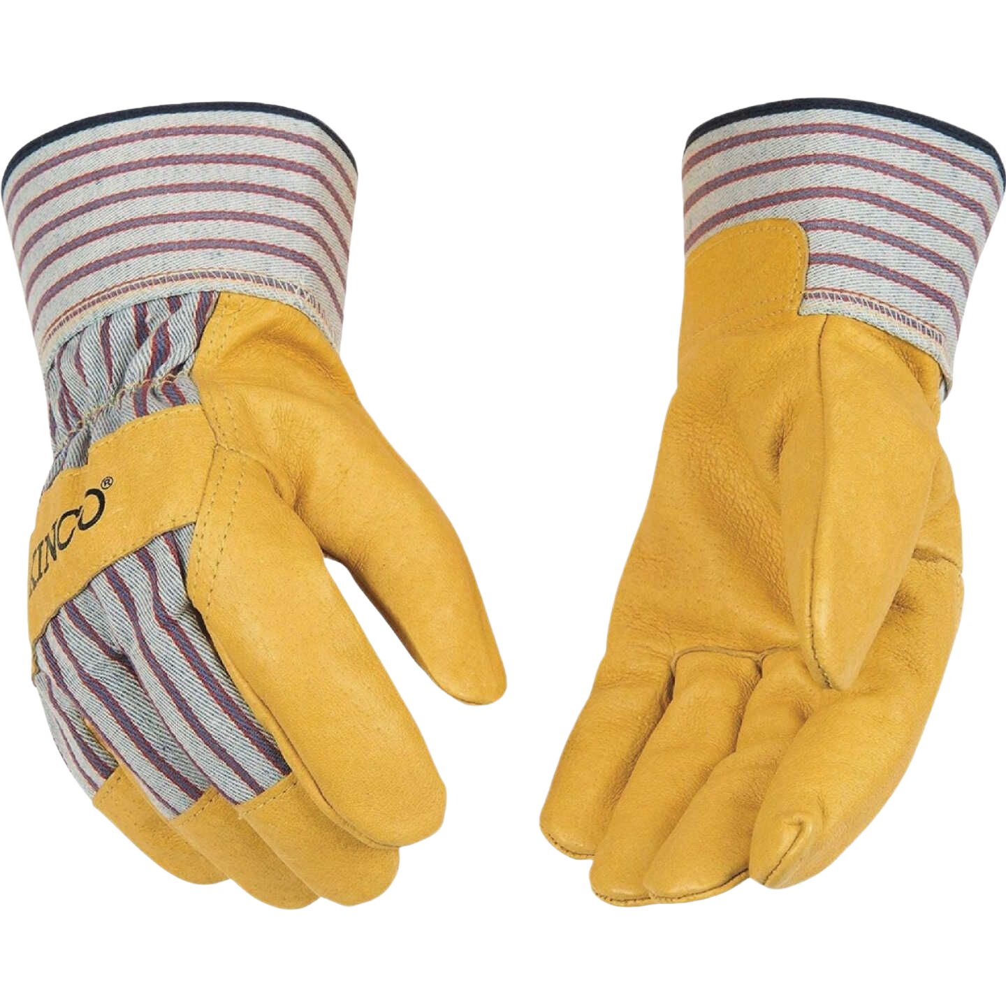 Pair of large golden grain pigskin work gloves with striped fabric cuffs for tools and home improvement tasks