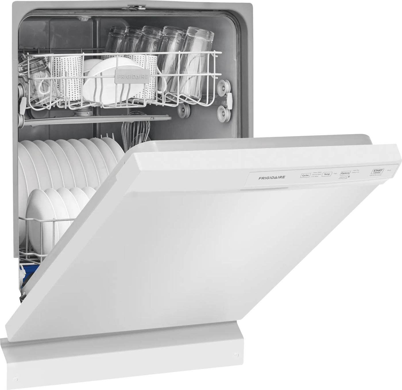 Open white built-in dishwasher loaded with clean dishes and glasses in kitchen and appliances collection