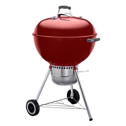 Crimson round charcoal grill with vented lid, sturdy legs, wheels, and ash catcher for outdoor cooking and grilling tasks